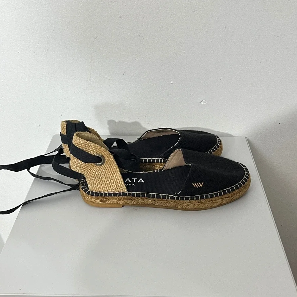 Viscata Espadrilles Women 38 Black Lace Up Ankle Tie Canvas Flats Handcrafted